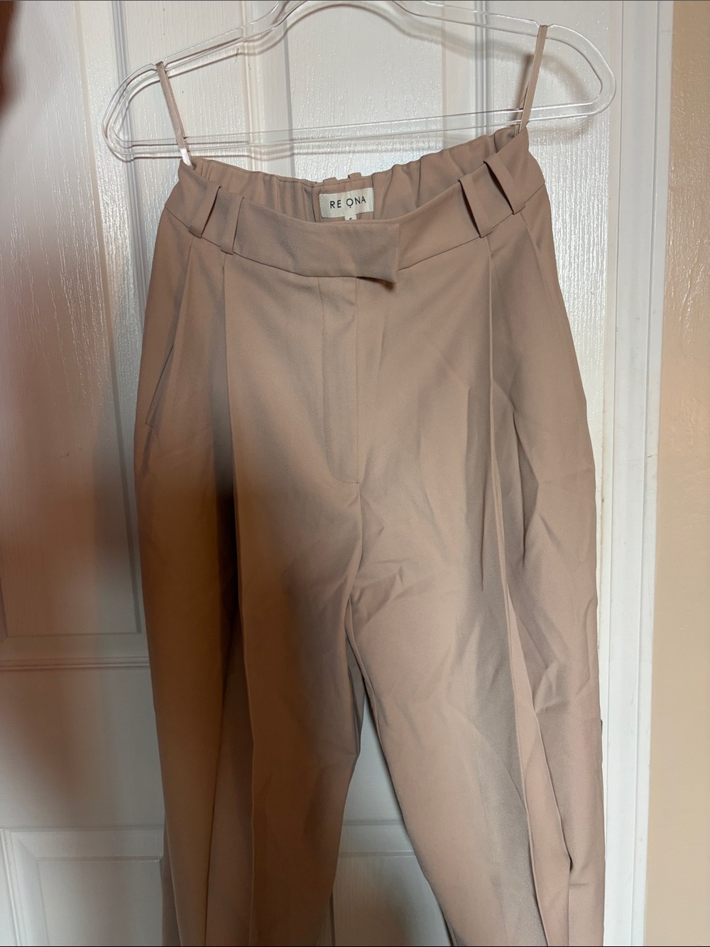 Re Ona Taupe Pleated High-Waist Trousers